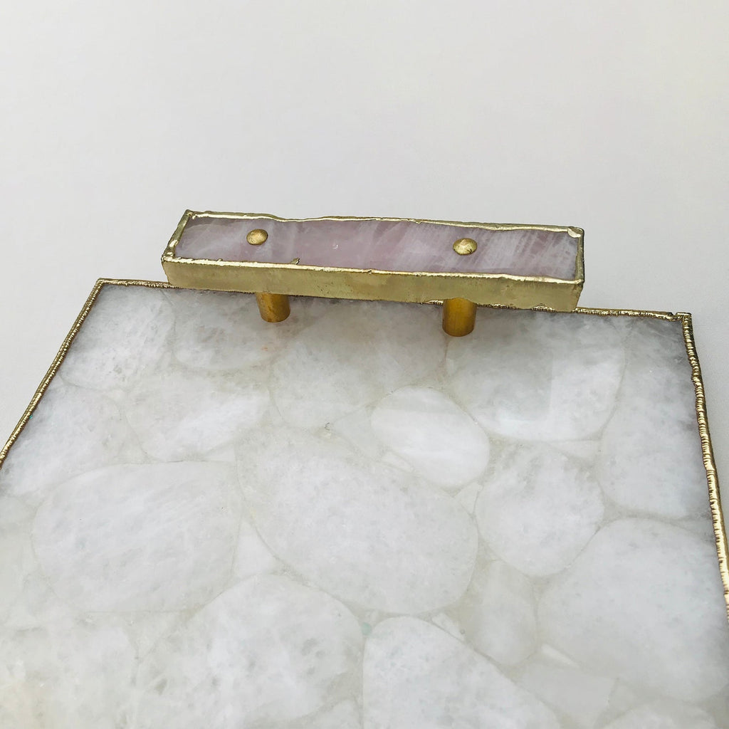 White Crystal Agate Plated Serving Tray With Rose Quartz Handles/Personalised Momentos/Sign Boards