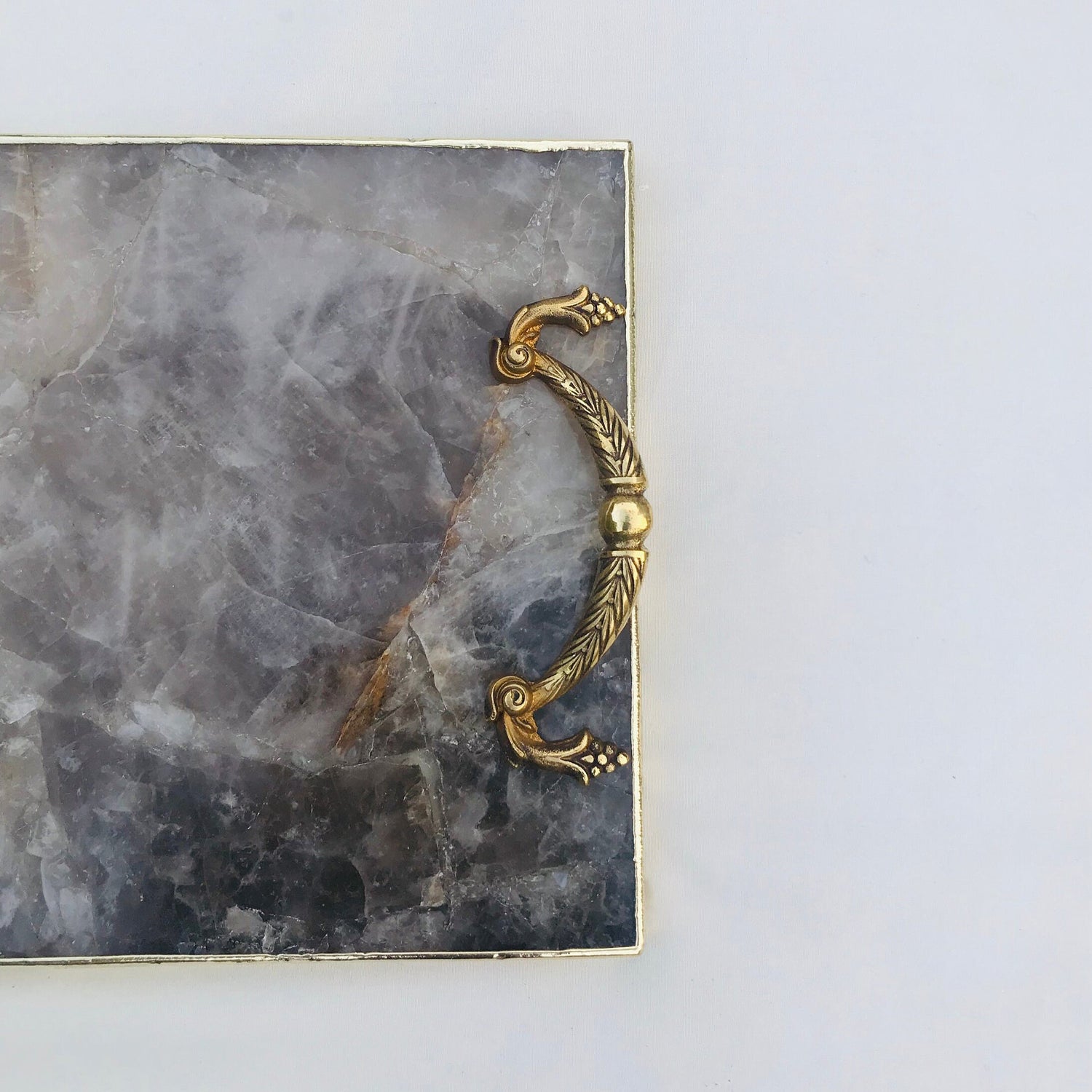Smoky Quartz Agate  Serving Tray With Brass Handles