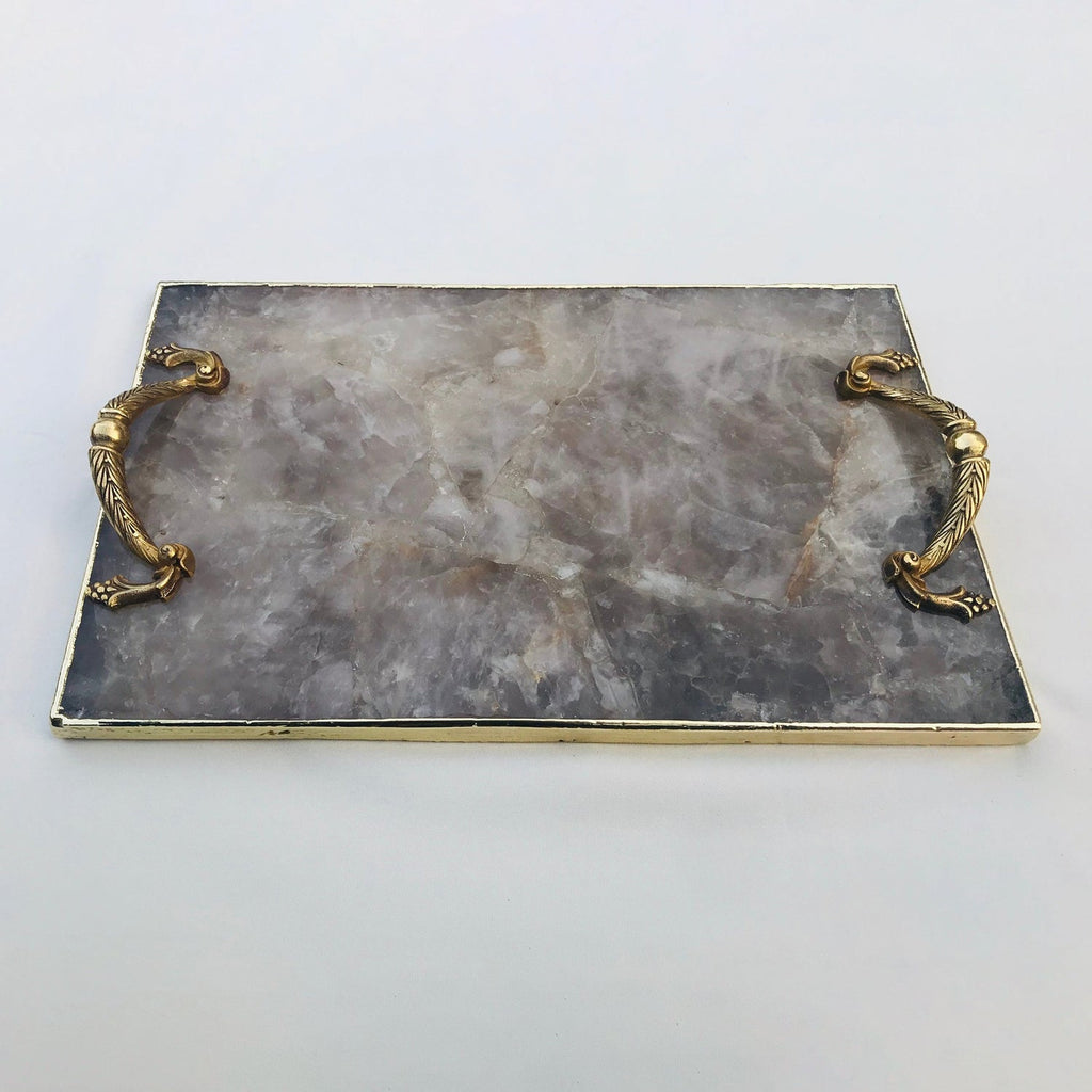 Smoky Quartz Agate  Serving Tray With Brass Handles