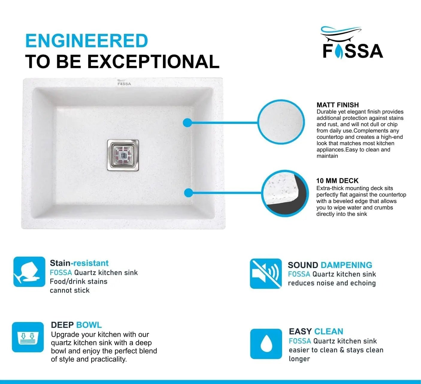 Quartz (18x16x9) Inch Single Bowl Kitchen Sink White – Strong, Scratch-Resistant