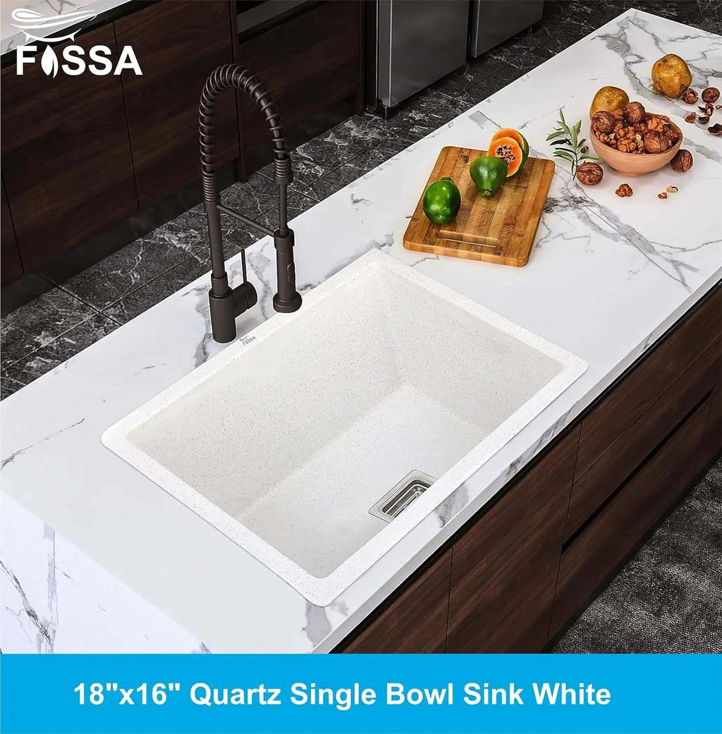 Quartz (18x16x9) Inch Single Bowl Kitchen Sink White – Strong, Scratch-Resistant