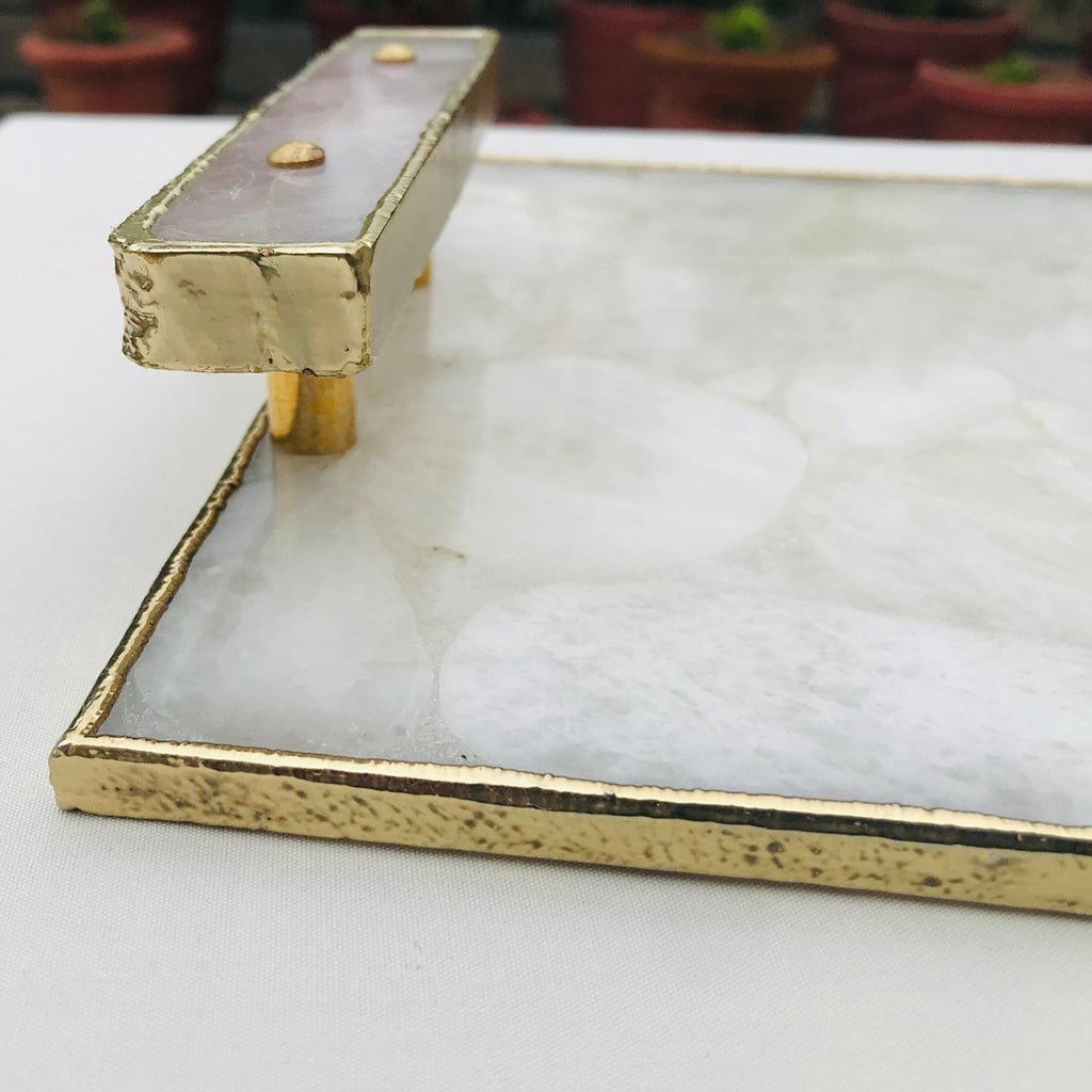 White Crystal Agate Plated Serving Tray With Rose Quartz Handles/Personalised Momentos/Sign Boards