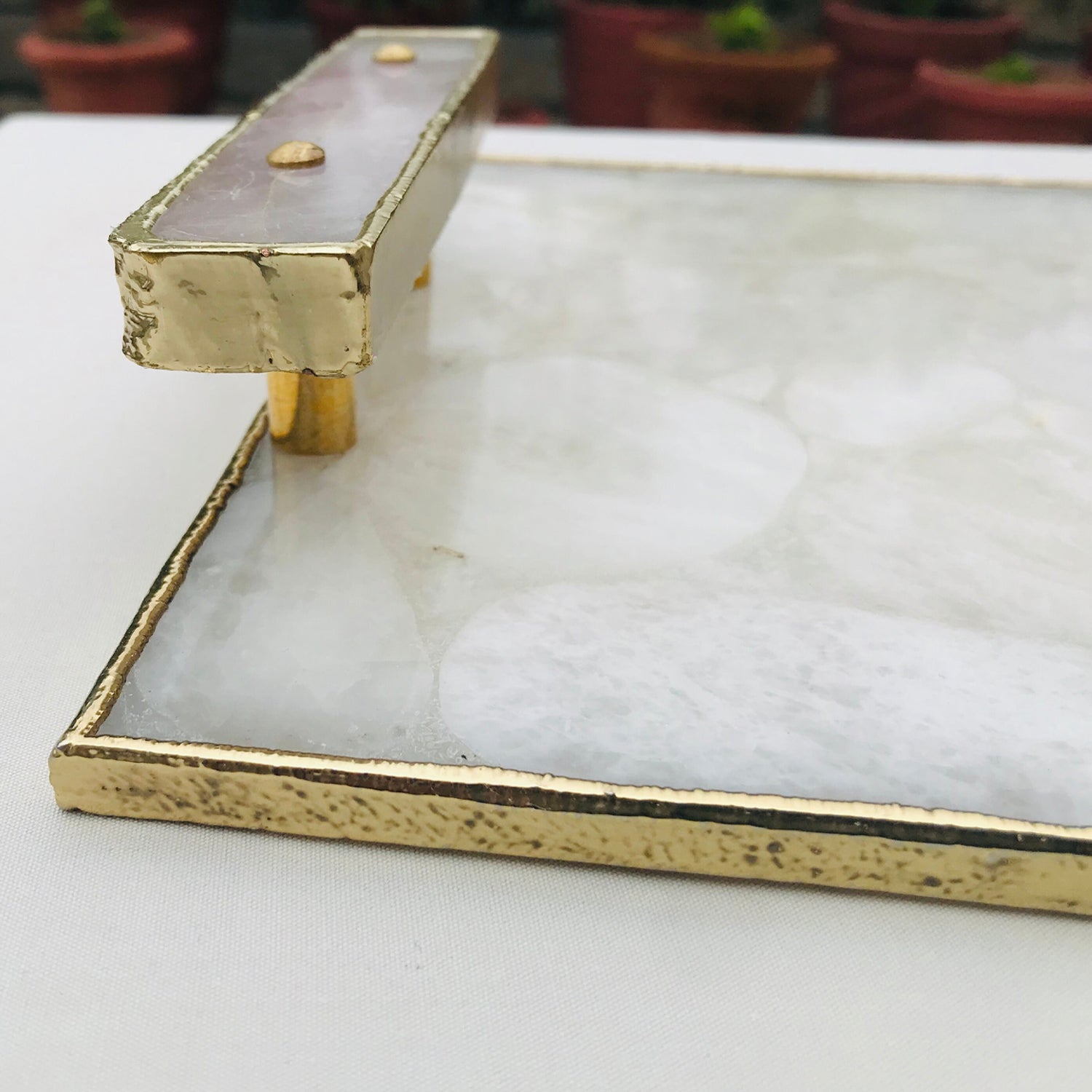 White Crystal Agate Plated Serving Tray With Rose Quartz Handles/Personalised Momentos/Sign Boards