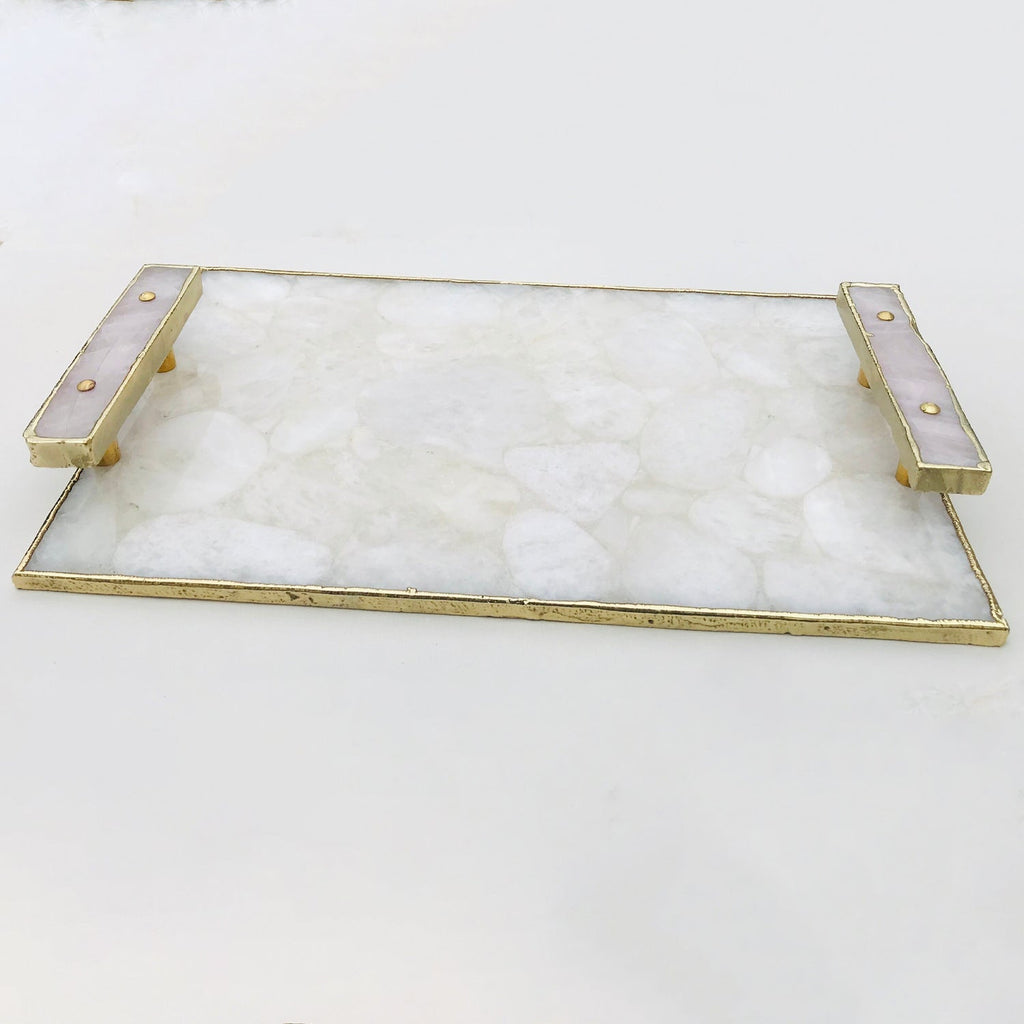 White Crystal Agate Plated Serving Tray With Rose Quartz Handles/Personalised Momentos/Sign Boards