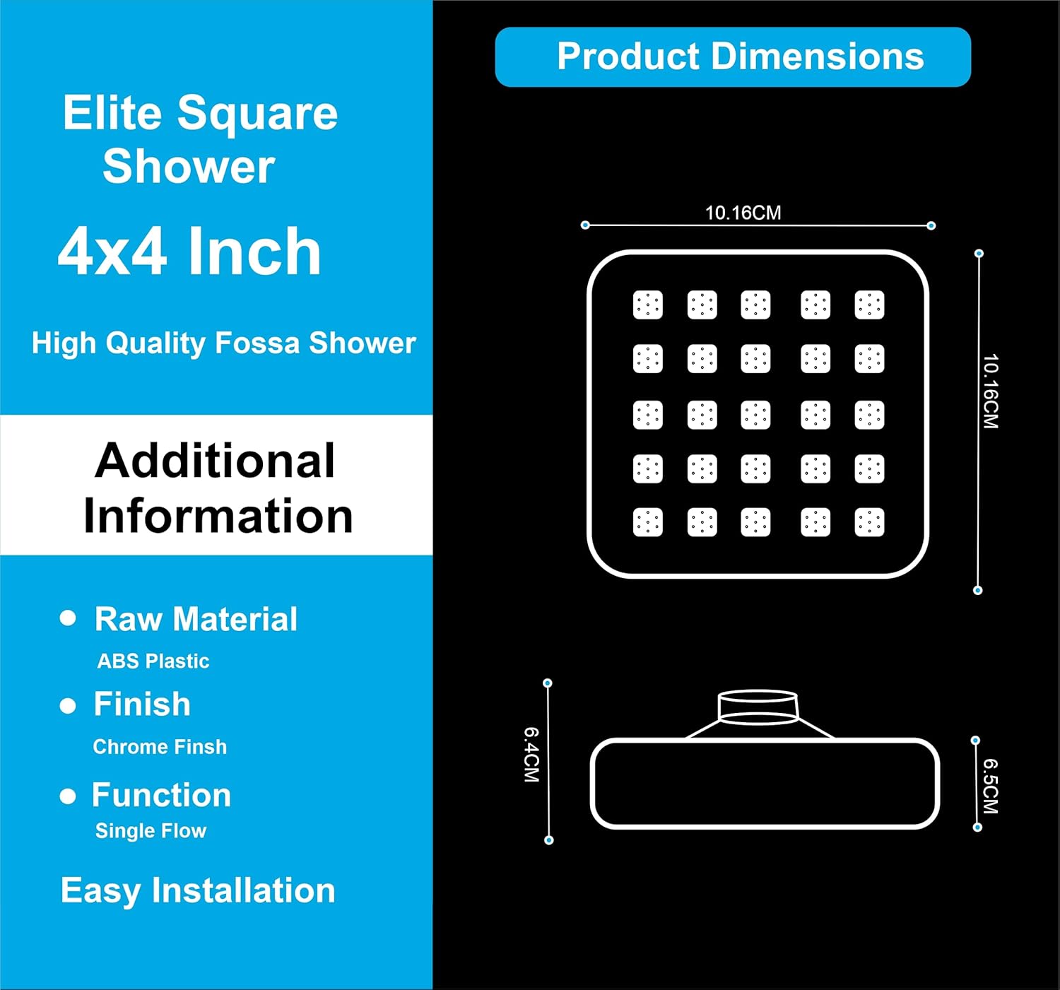 Elite (4x4 Inches) ABS Chrome Black Finish Overhead Shower Without Arm