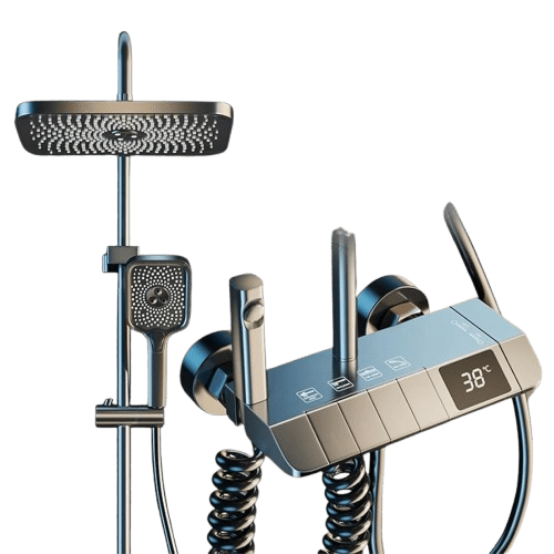 Fossa Spark Shower Thermostatic Shower System, Water Saving Shower Mixer Set, LED Screen, 4 Functions includes Handheld Shower (3 Jet Types), ABS Top Shower, Bidet Spray, Tub Spout (Black)